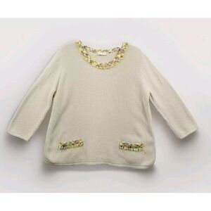 Riani Sweater Women 14 Beige Cotton Blend 3/4 Sleeve Tweed Trim Relaxed Tunic